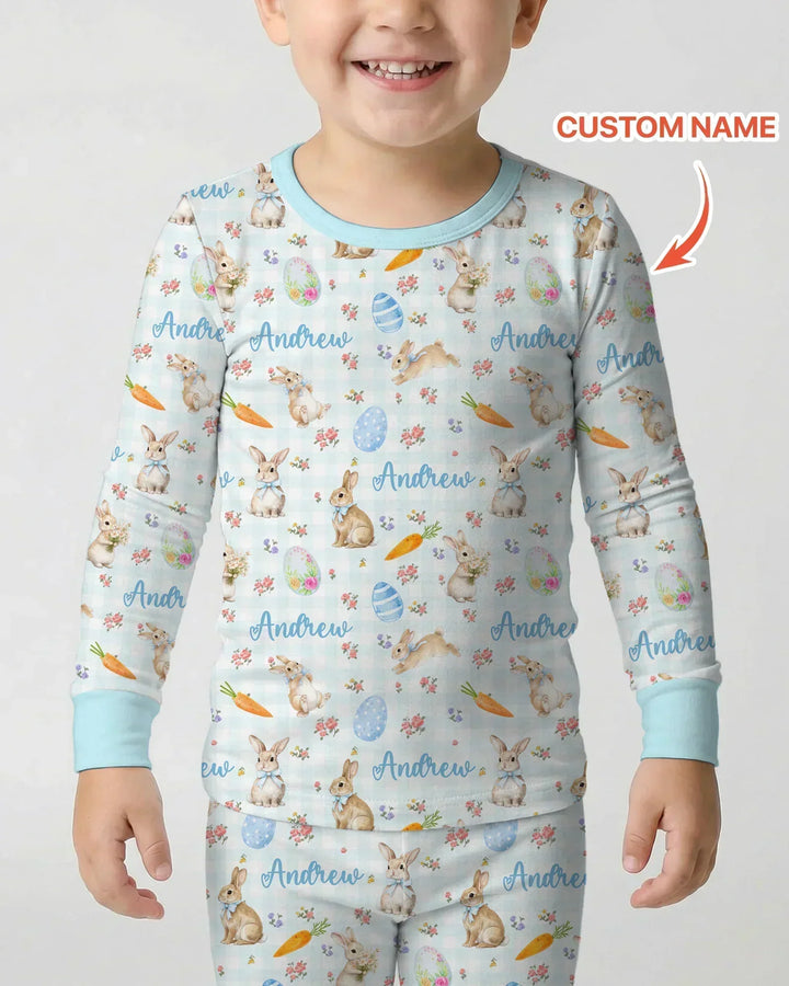 Custom Name Bunny Garden Bamboo Two Piece Long Sleeve Pajama Set
