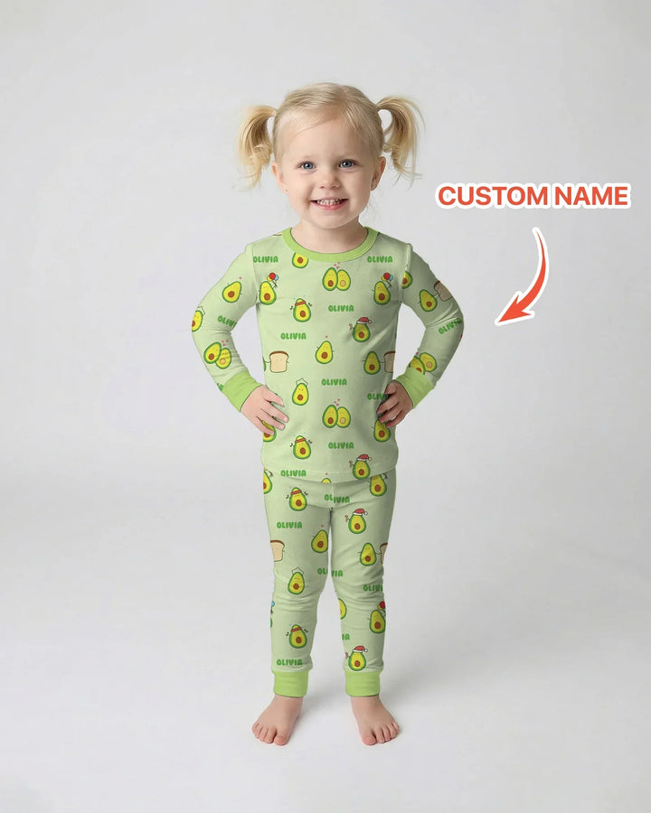 Custom Name Cute Avocado Bamboo Two Piece Long Sleeve Pajama Set