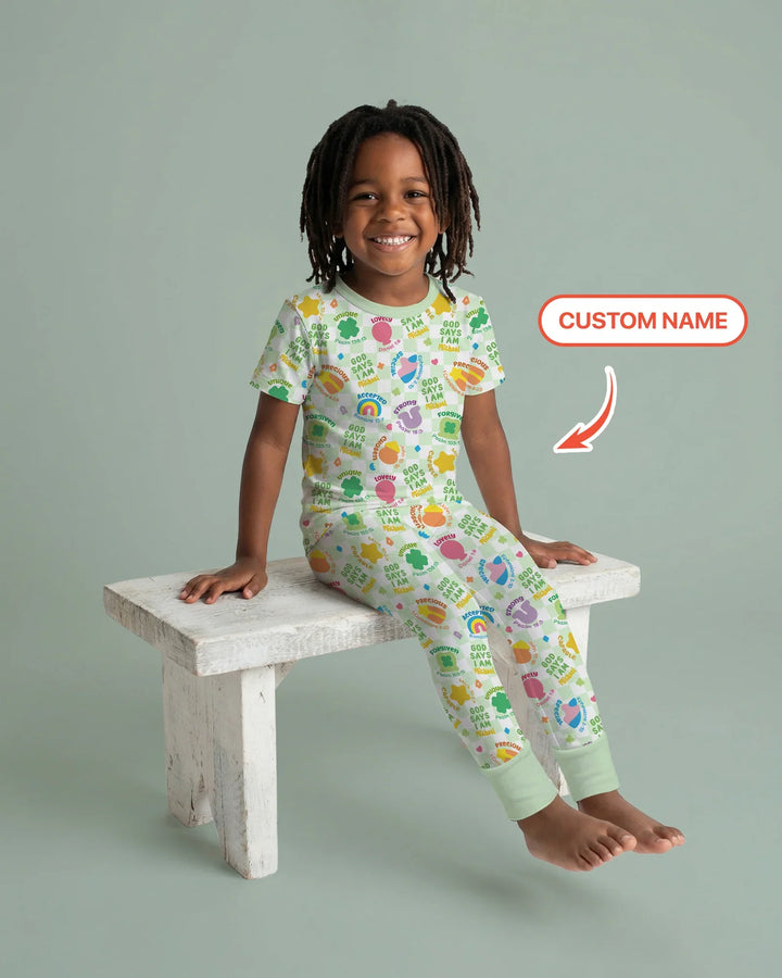 God Says I Am St. Patrick’s Day Custom Name Family Matching Bamboo Two Piece Short Sleeve Pajama Set
