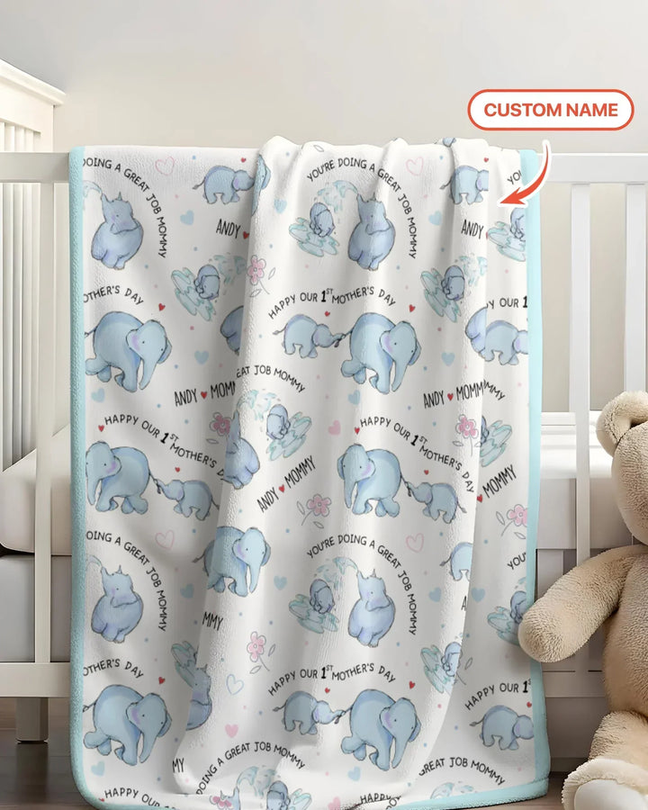Custom Name Mother & Baby Elephant Bamboo Blanket