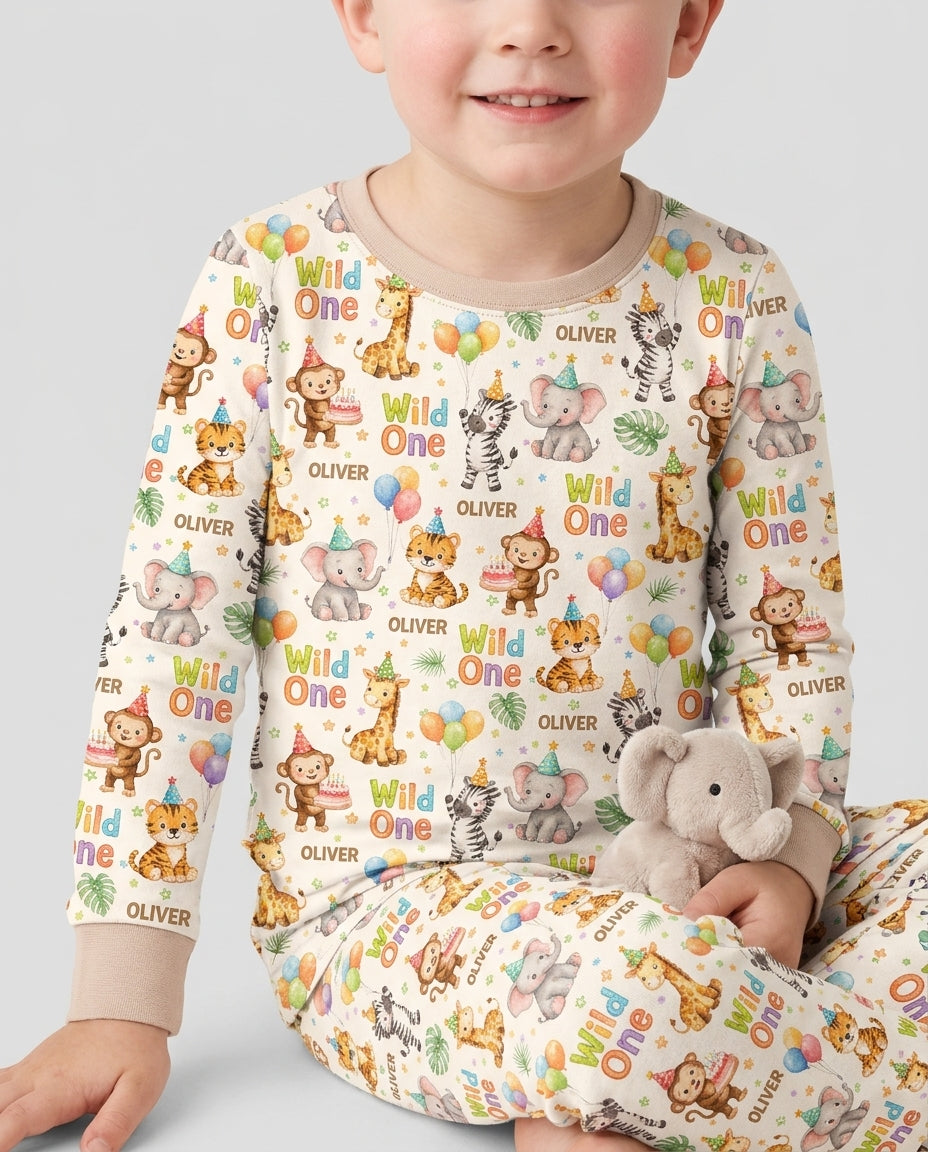 Custom Name 1st Birthday Wild One Bamboo Two Piece Long Sleeve Pajama Set