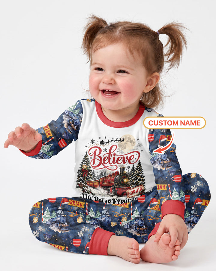 Believe North Pole Train Custom Name  Bamboo Two Piece Long Sleeve Pajama Set