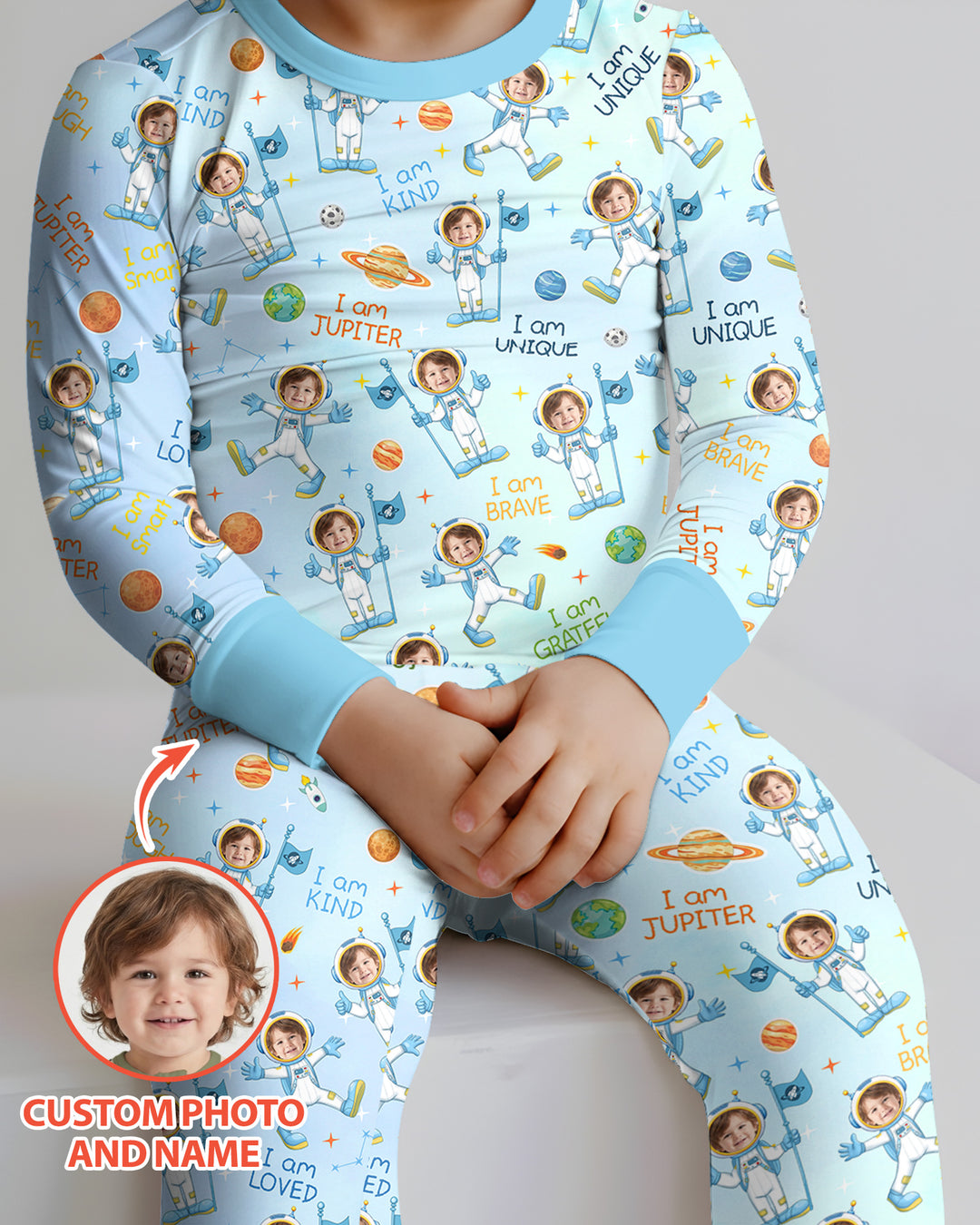 Custom Photo Kid Affirmations I Am Kind Astronaut Bamboo Two Piece Long Sleeve Pajama Set
