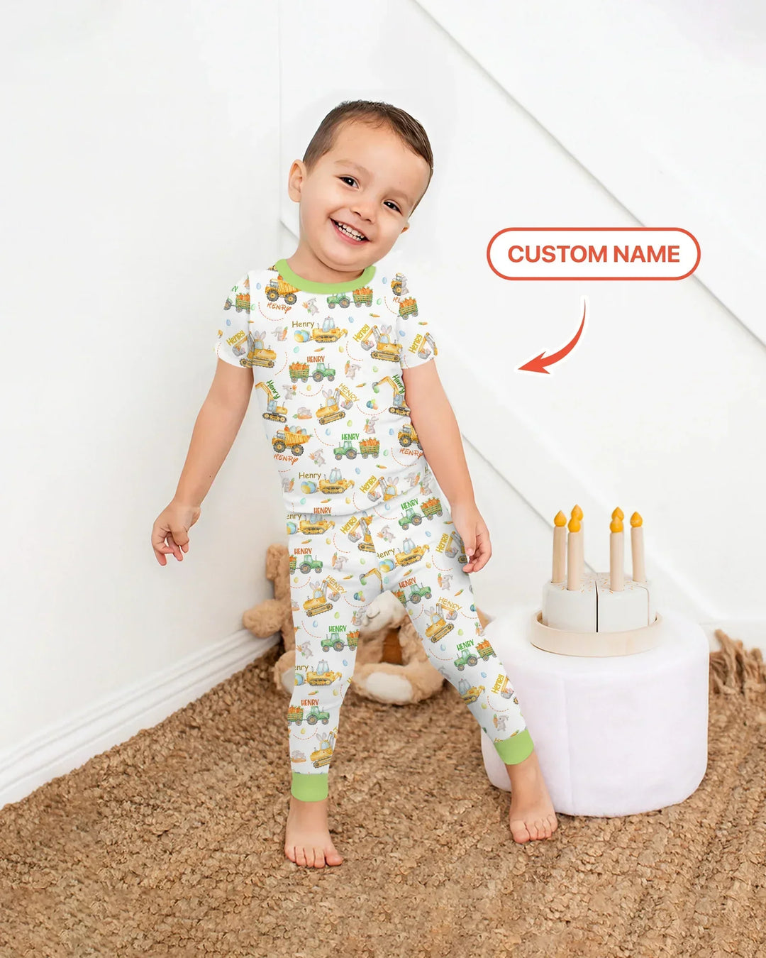 Easter Construction Vehicles Custom Name Bamboo Two Piece Short Sleeve Pajama Set