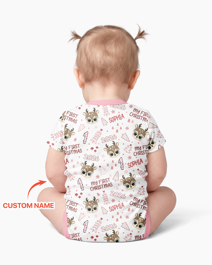 Custom Name Cute Reindeer My First Christmas Bamboo Bodysuit