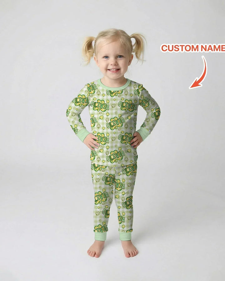 Lucky Shamrock Custom Name Bamboo Two Piece Long Sleeve Pajama Set