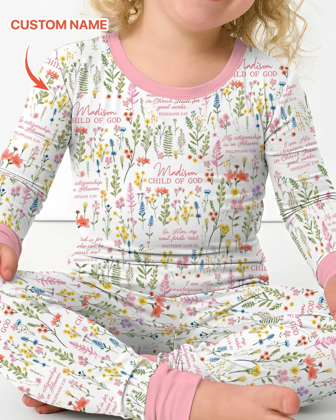 Custom Name Child of God Flower Garden Bamboo Two Piece Long Sleeve Pajama Set