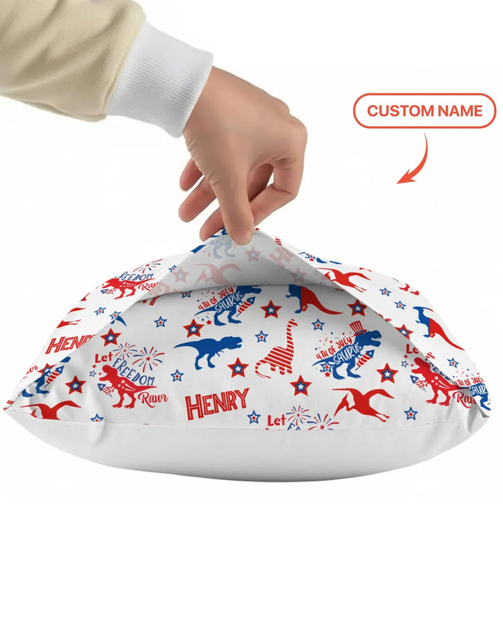 Custom Name Patriotic Dinosaur Bamboo Pillow Case