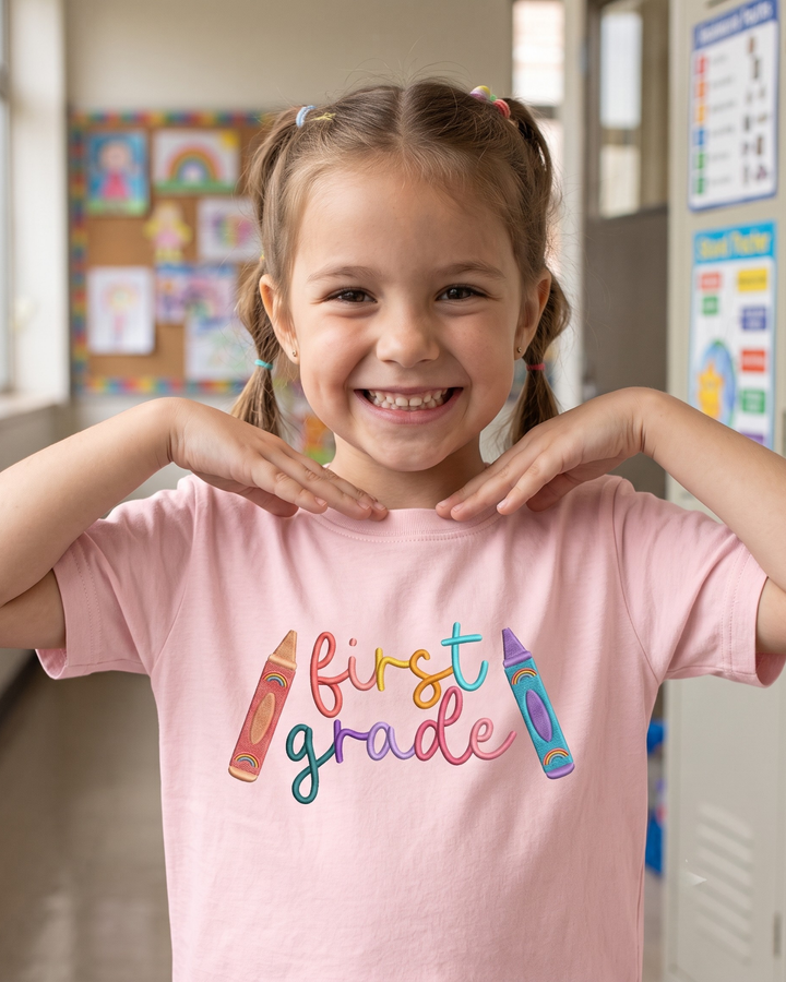 First Grade Crayon Embroidered Bamboo Crewneck T-Shirt