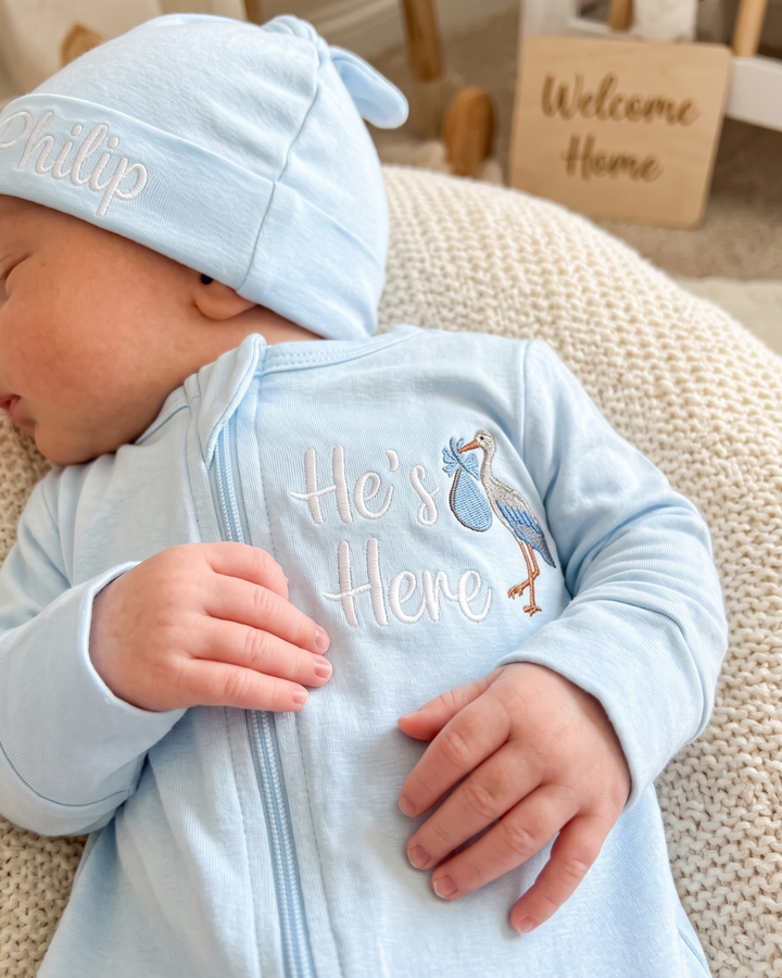 Personalized He's Here Embroidered Bamboo Zipper Footie