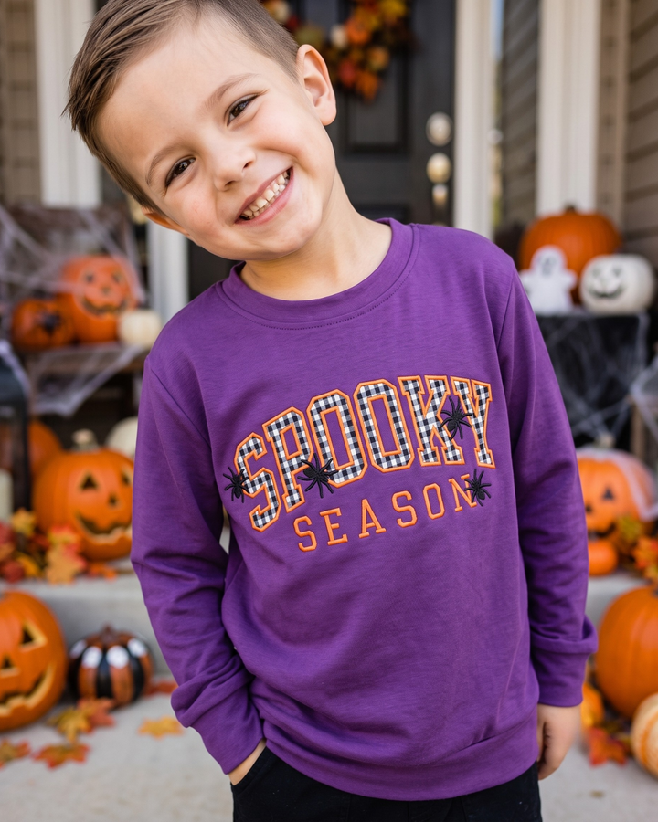Spooky Black Gingham Applique Embroidered Bamboo Crewneck Sweatshirt