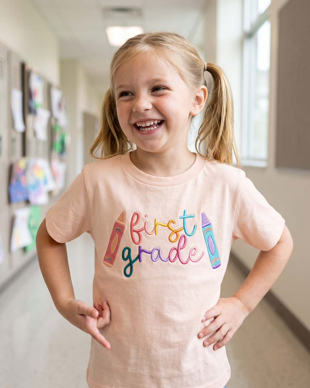 First Grade Crayon Embroidered Bamboo Crewneck T-Shirt