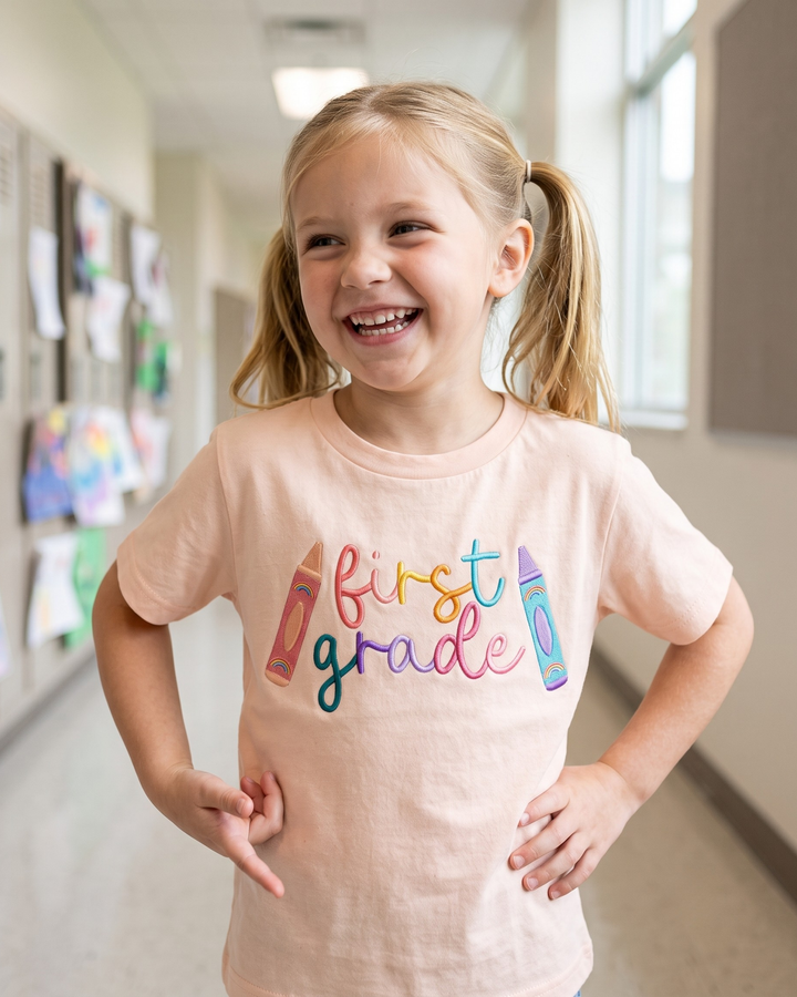 First Grade Crayon Embroidered Bamboo Crewneck T-Shirt