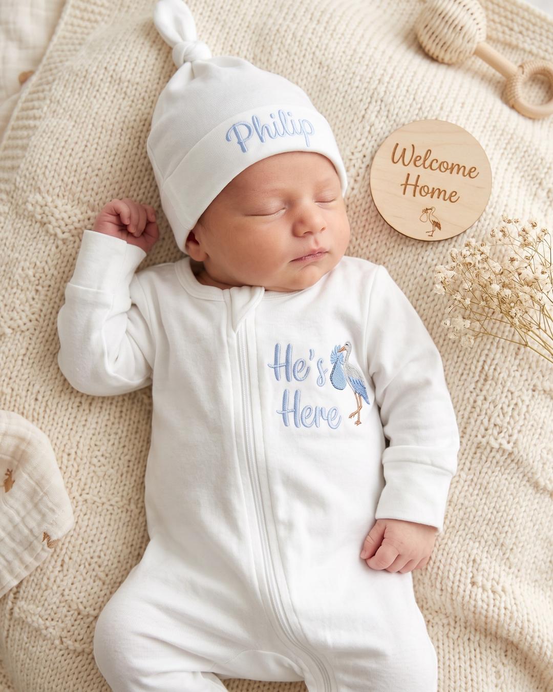 Personalized He's Here Embroidered Bamboo Zipper Footie