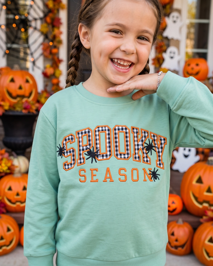 Spooky Black Gingham Applique Embroidered Bamboo Crewneck Sweatshirt