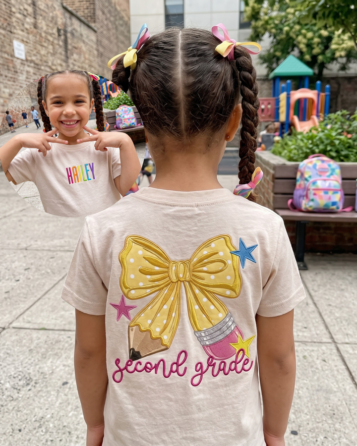 Custom Name And Grade Pencil Bow Applique Embroidered Bamboo Crewneck T-Shirt