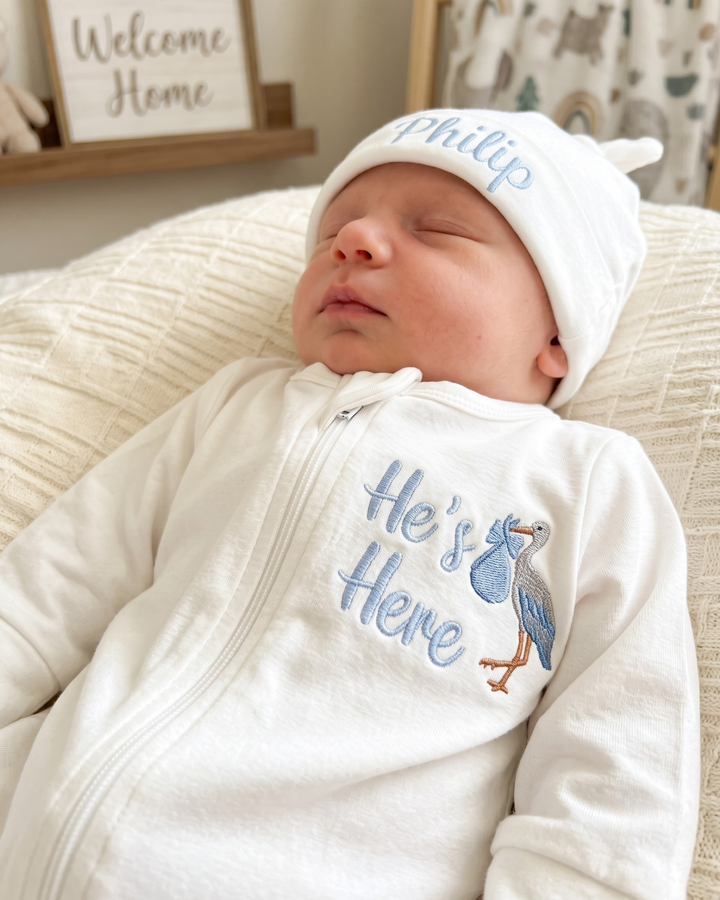 Personalized He's Here Embroidered Bamboo Zipper Footie