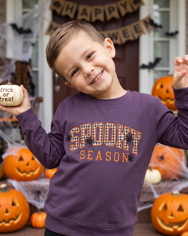 Spooky Black Gingham Applique Embroidered Bamboo Crewneck Sweatshirt