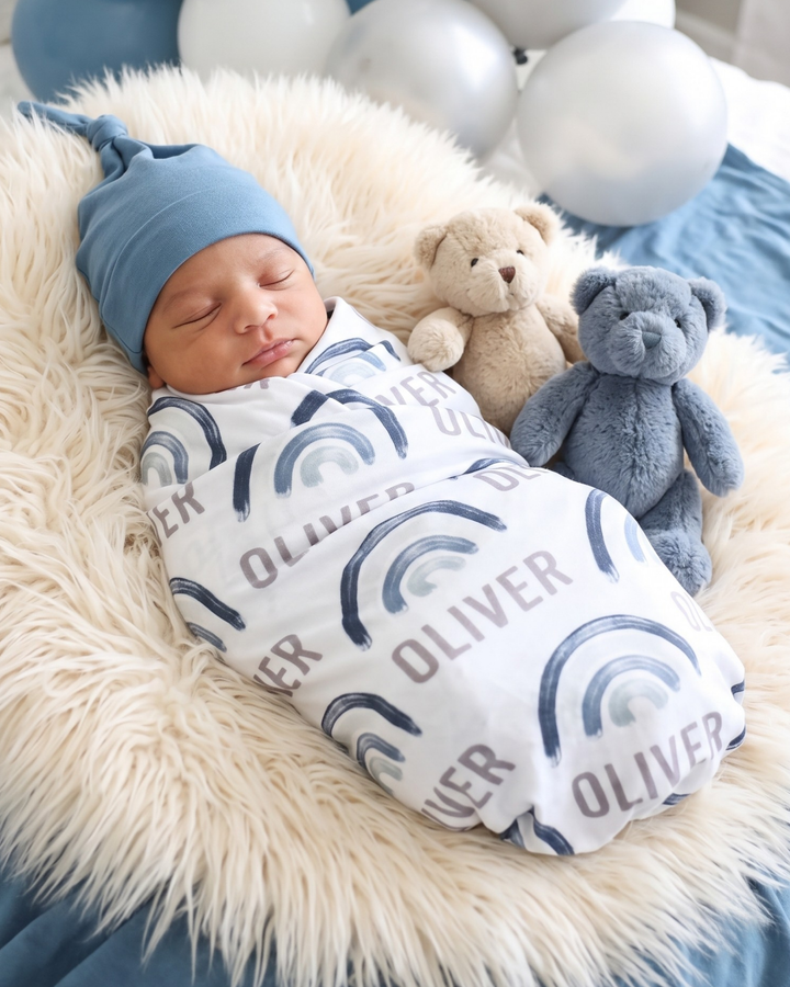 Blue Rainbow Dreams Bamboo Swaddle Blanket