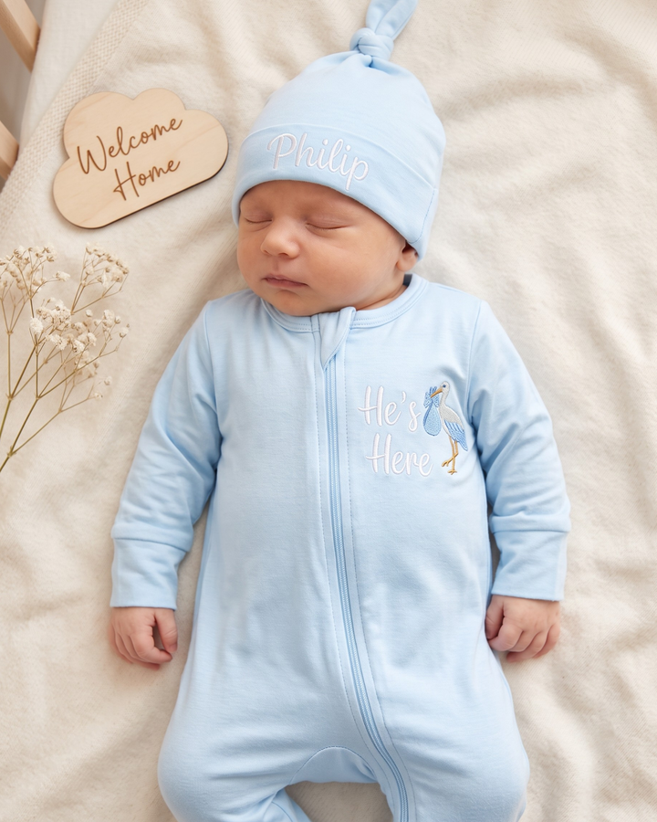 Personalized He's Here Embroidered Bamboo Zipper Footie