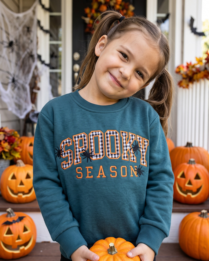 Spooky Black Gingham Applique Embroidered Bamboo Crewneck Sweatshirt