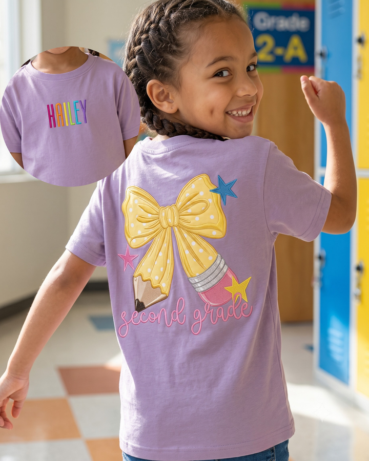 Custom Name And Grade Pencil Bow Applique Embroidered Bamboo Crewneck T-Shirt