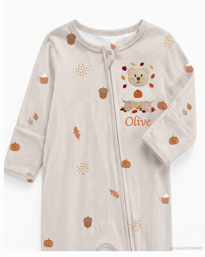 Cozy Autumn Embroidered Bamboo Zipper Footie