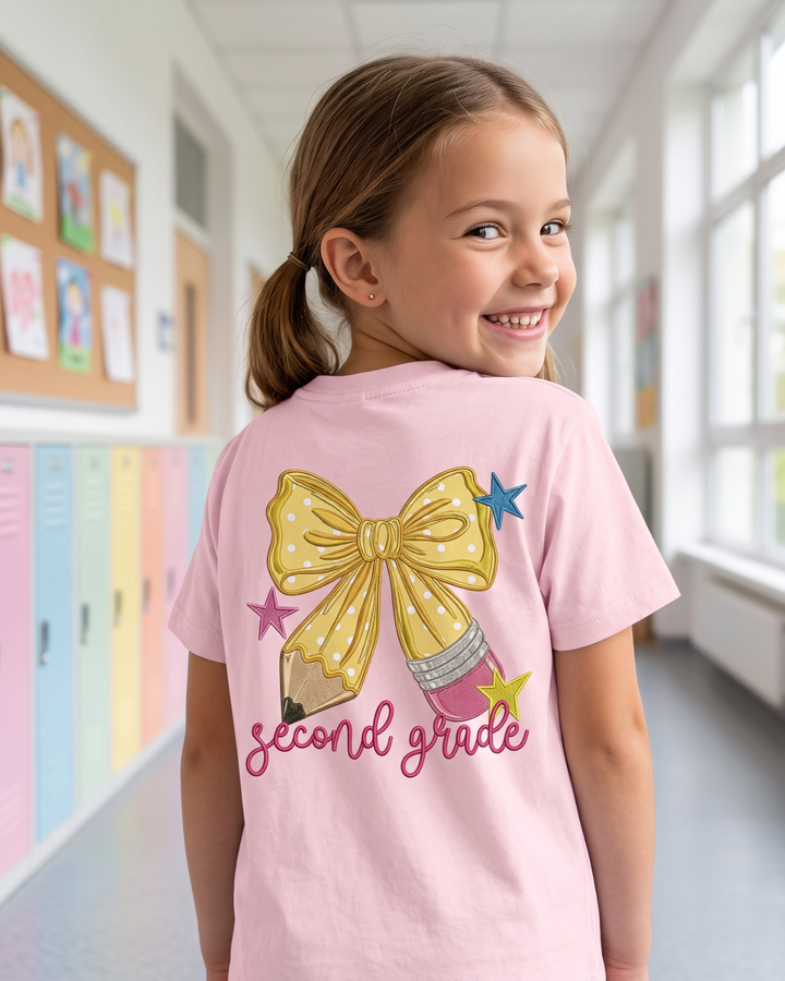 Custom Name And Grade Pencil Bow Applique Embroidered Bamboo Crewneck T-Shirt