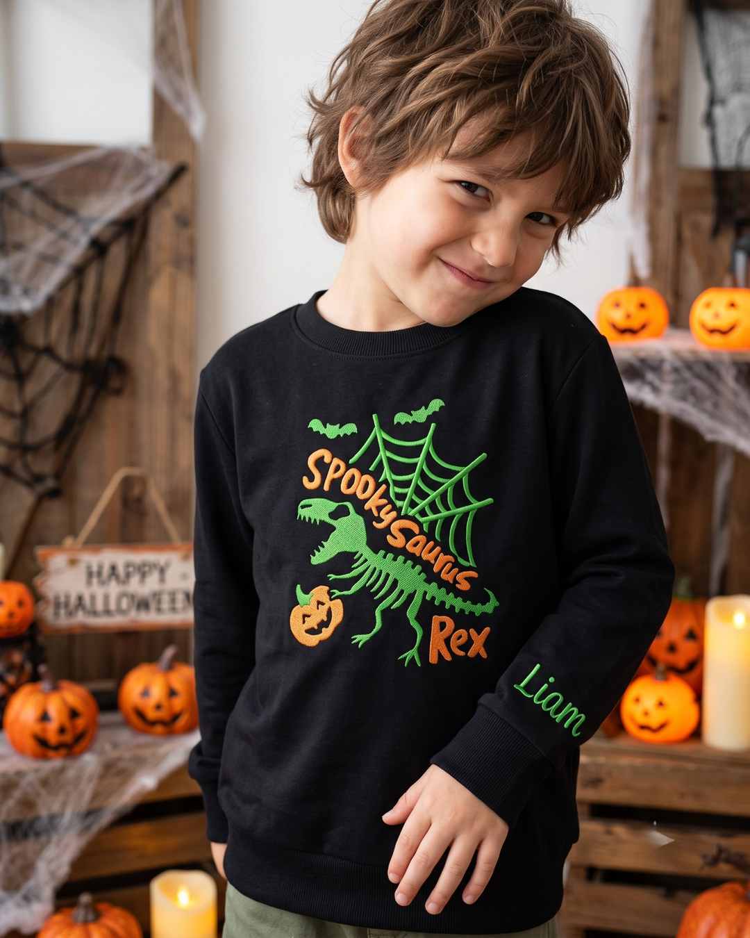 Spooky Dino Embroidered Bamboo Crewneck Sweatshirt