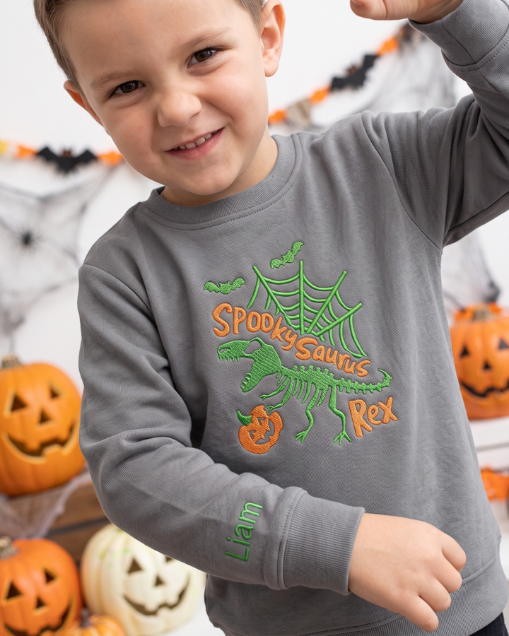 Spooky Dino Embroidered Bamboo Crewneck Sweatshirt