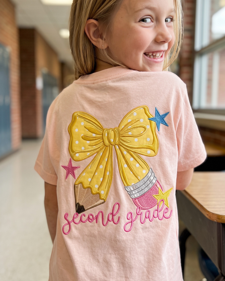 Custom Name And Grade Pencil Bow Applique Embroidered Bamboo Crewneck T-Shirt