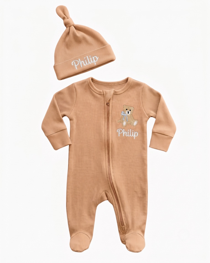Personalized Teddy Bear Embroidered Ribbed Bamboo Welcome Home Bundle