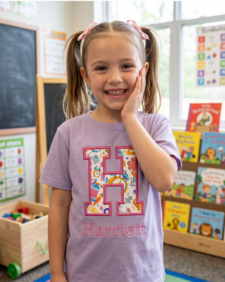 Custom Name First Day Of School Applique Embroidered Bamboo Crewneck T-Shirt