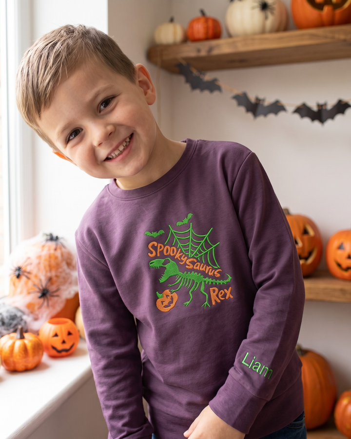 Spooky Dino Embroidered Bamboo Crewneck Sweatshirt
