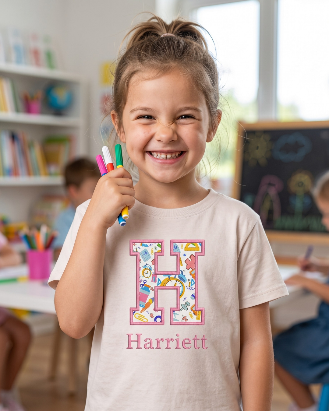 Custom Name First Day Of School Applique Embroidered Bamboo Crewneck T-Shirt