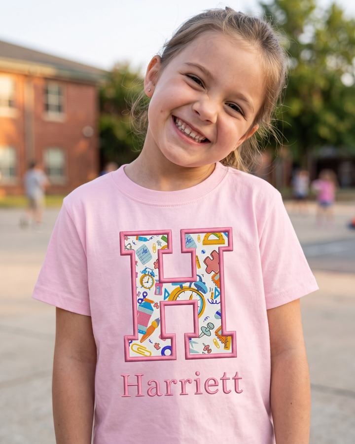 Custom Name First Day Of School Applique Embroidered Bamboo Crewneck T-Shirt