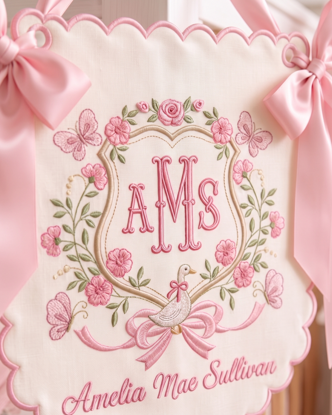 Sweet Garden Duckling Personalized Embroidered Baby Name Banner
