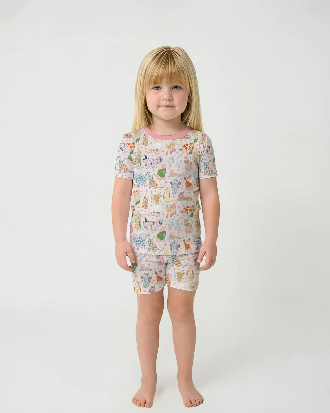 Whimsical Cat Parade Two Piece Short Sleeve Shorts Pajama Set