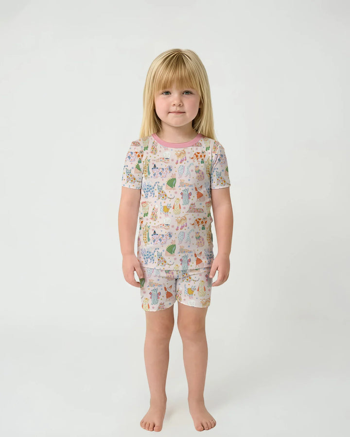 Whimsical Cat Parade Two Piece Short Sleeve Shorts Pajama Set
