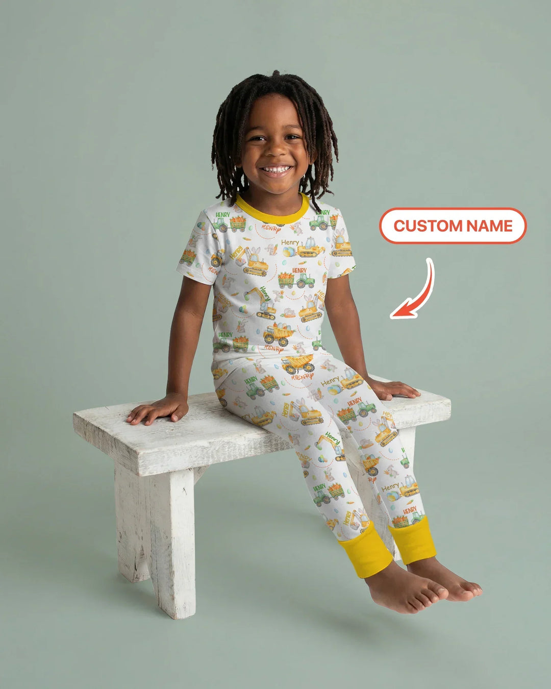 Easter Construction Vehicles Custom Name Bamboo Two Piece Short Sleeve Pajama Set