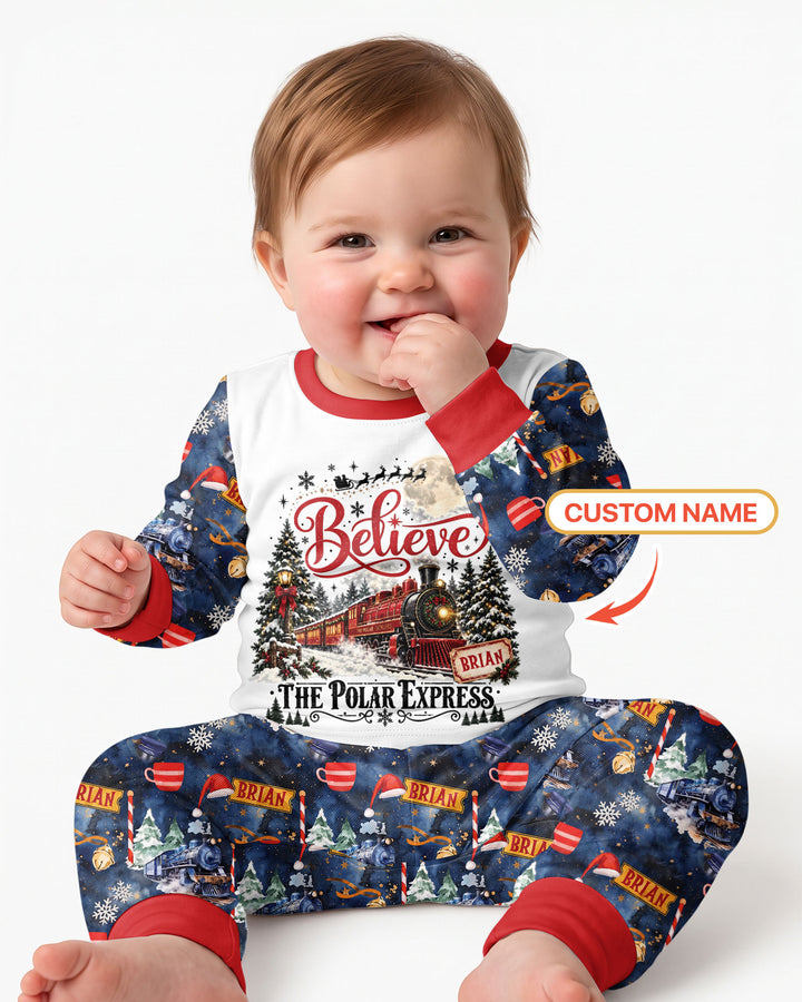 Believe North Pole Train Custom Name  Bamboo Two Piece Long Sleeve Pajama Set