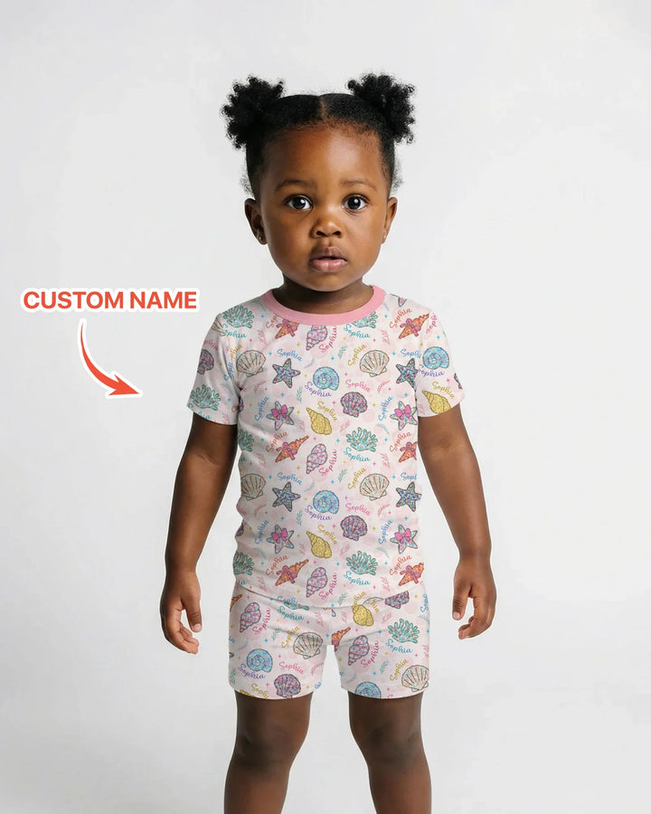 Custom Name Seaside Wildflower Summer Bamboo Two Piece Short Sleeve Shorts Pajama Set