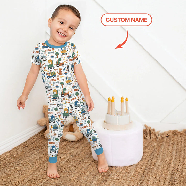 Custom Name Dino Diggers Bamboo Two Piece Short Sleeve Pajama Set