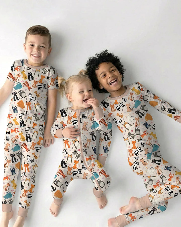 Goofy Mischief Cat Family Matching Bamboo Two Piece Long Sleeve Pajama Set