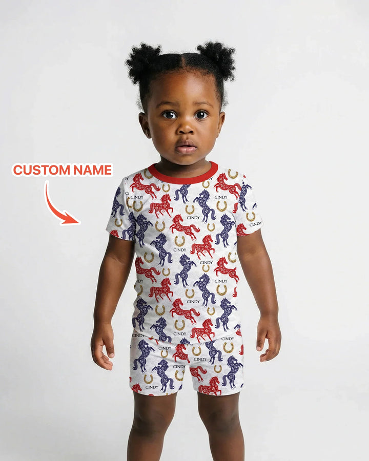 Custom Name Chinoiserie Horses Bamboo Two Piece Short Sleeve Shorts Pajama Set