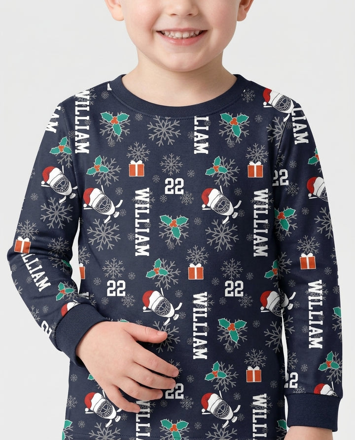 Custom Name Hockey Holiday Bamboo Two Piece Long Sleeve Pajama Set