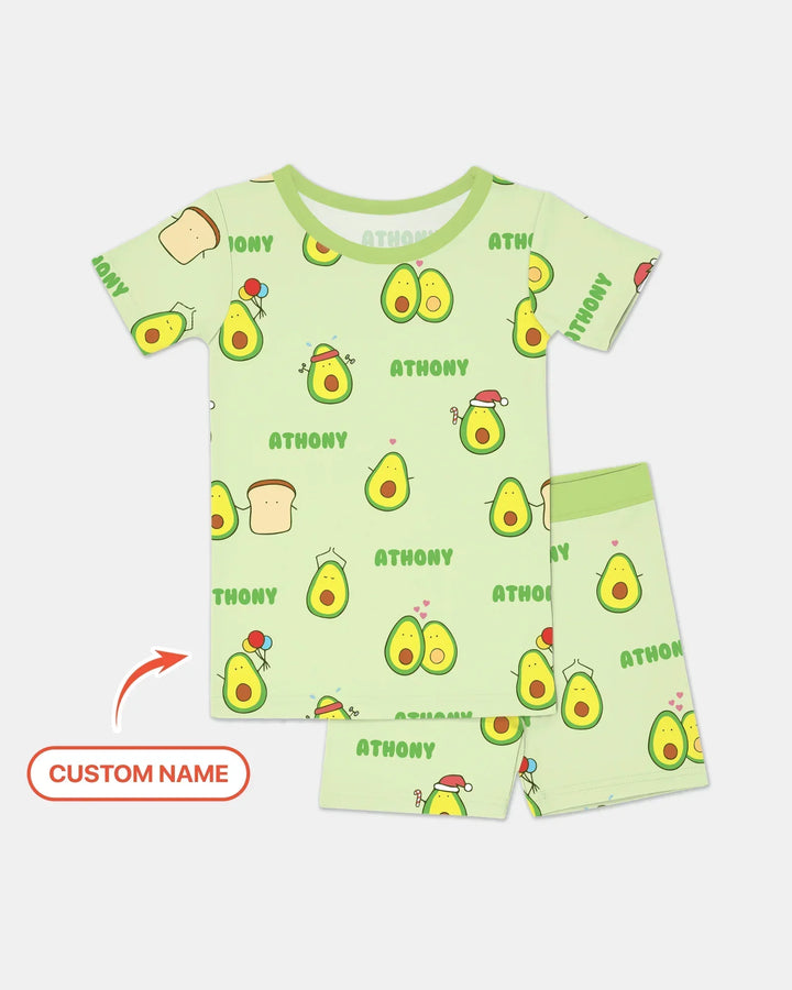 Custom Name Cute Avocado Bamboo Two Piece Short Sleeve Shorts Pajama Set
