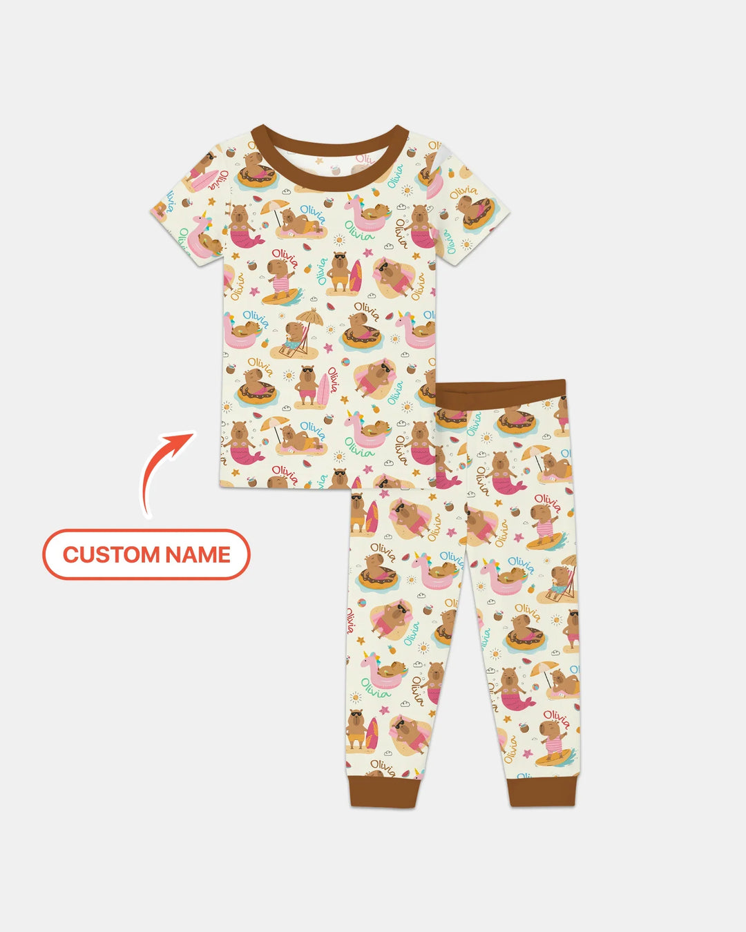 Don't Worry, Be Capy Custom Name Bamboo Two Piece Short Sleeve Pajama Set