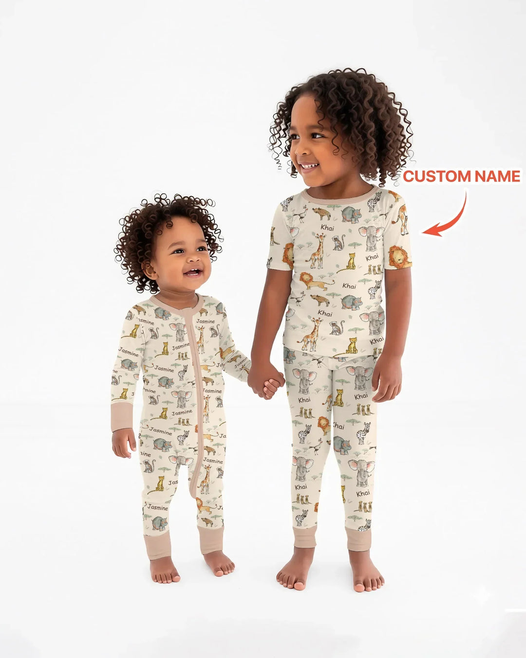 Safari Friends Custom Name Bamboo Two Piece Short Sleeve Pajama Set\