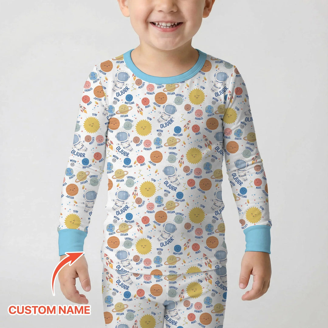 Custom Name Little's Kid into Universer Bamboo Two Piece Long Sleeve Pajama Set